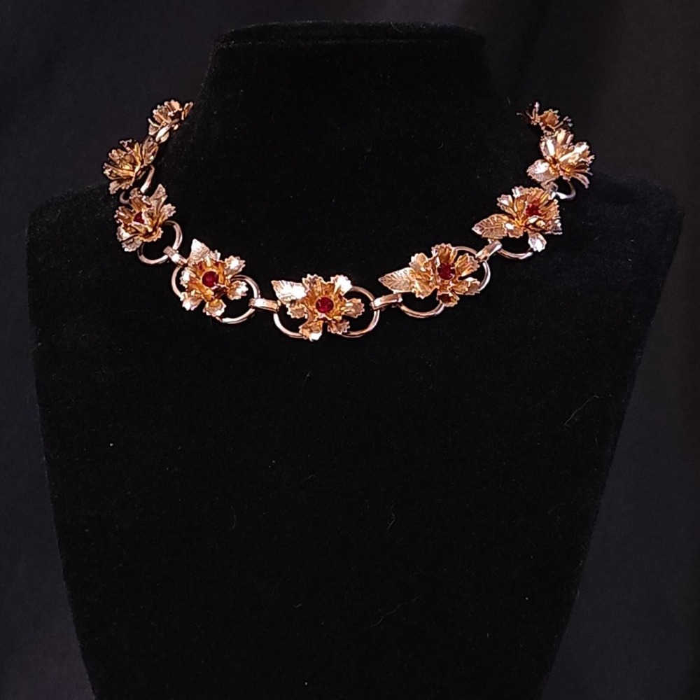 Vintage LERU Gold Tone Red Rhinestone Floral Necklace